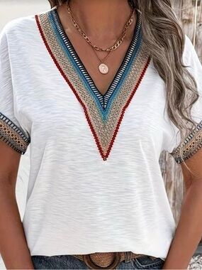 Women's White V-Neck Embroidered Boho Top